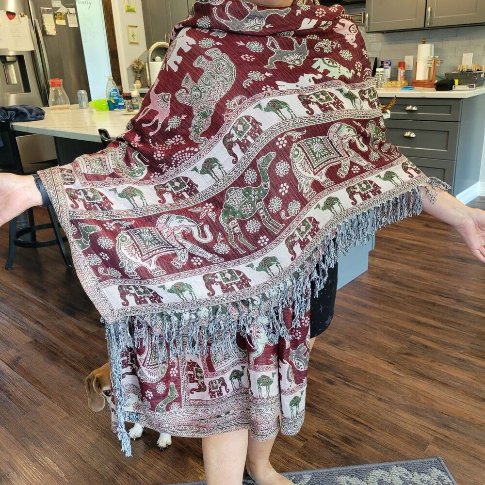 Vintage Elephant Paisley Brocade Pashmina Scarf Wrap Shawl Viscose or Rayon FZE